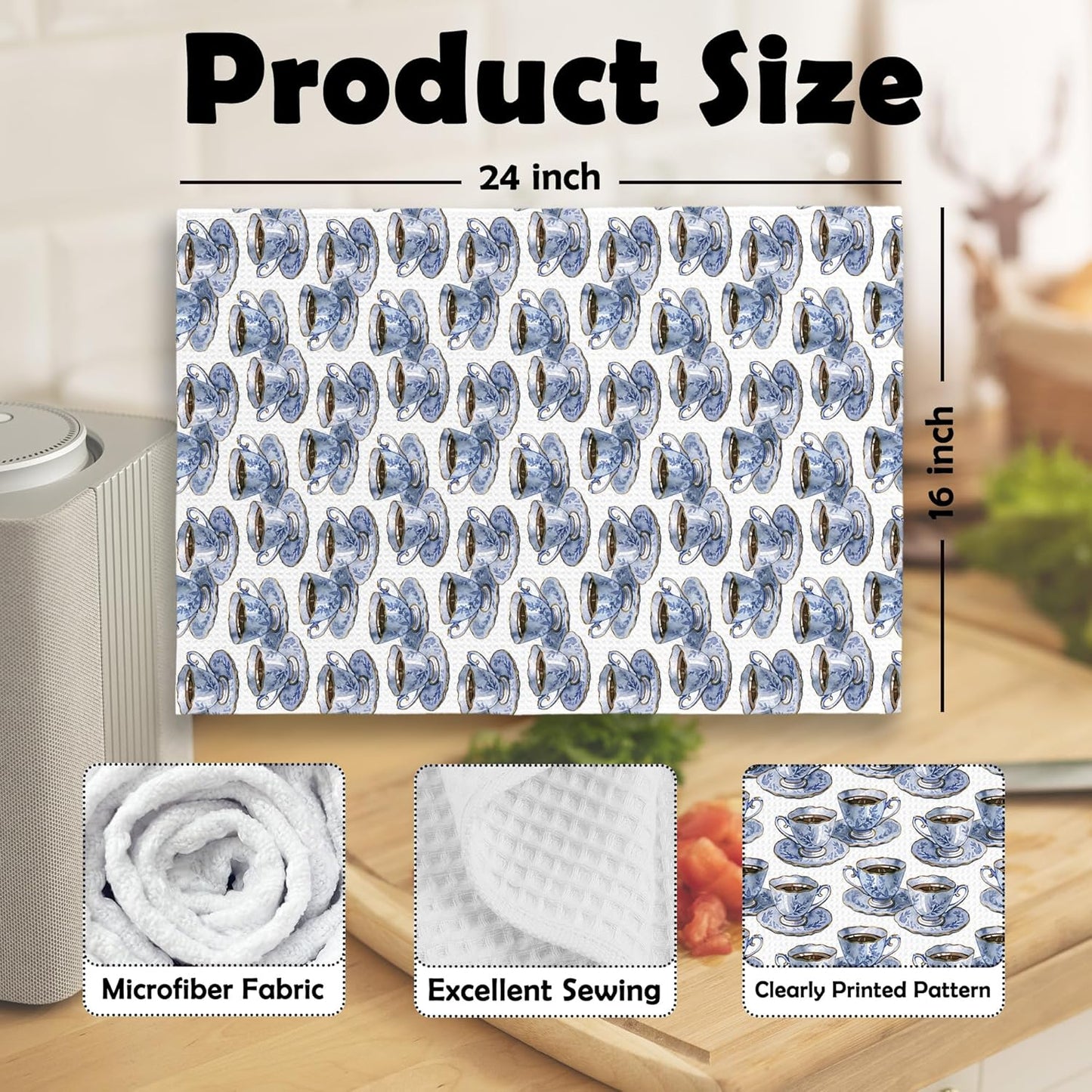 Vintage Teacups Kitchen Dish Towels, Blue and White Coffee Cups Kitchen Decor, Coffee Tea Lovers Gifts for Women, Tea Time Hand Towels Kitchen Bathroom Tea Towels Decorations, 16x24inch