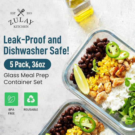 Zulay Kitchen 5 Pack Glass Meal Prep Containers with Lids - Airtight, Premium Borosilicate Glass Food Storage Containers - Microwave, Freezer & Oven Safe, BPA Free - Gray