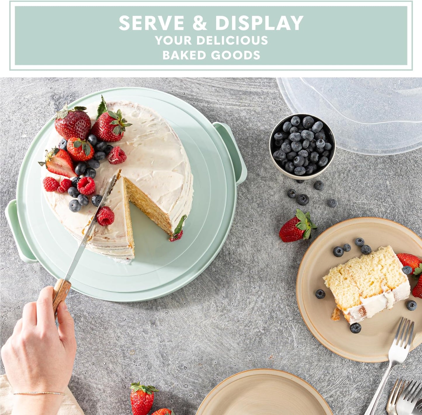 EXTRA LARGE & EXTRA STURDY Cake Carrier, Cake Stand with Lid and Foldable Handles - Multifunctional Serving Platter and Cake Plate - Cake Container with Dome and Strong Snaps 13 x 13 x 7 inch (Green)