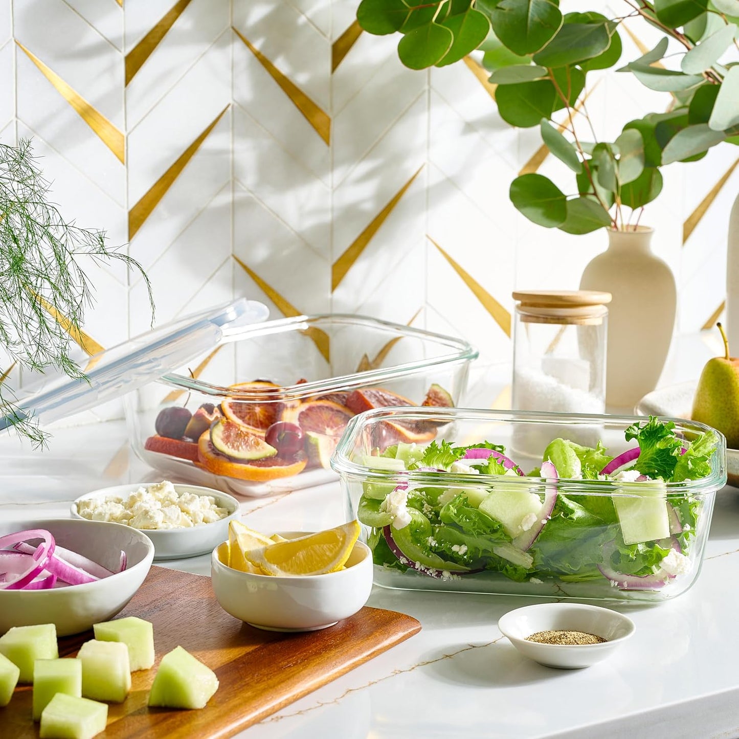 4pc Set - 8 Cup / 64oz Large Glass Food Storage Containers with Lids Airtight Meal Prep Container with Lid Lock - Freezer Microwave & Oven Safe Clear Lunch Bowl Stackable Baking Pantry Organizer