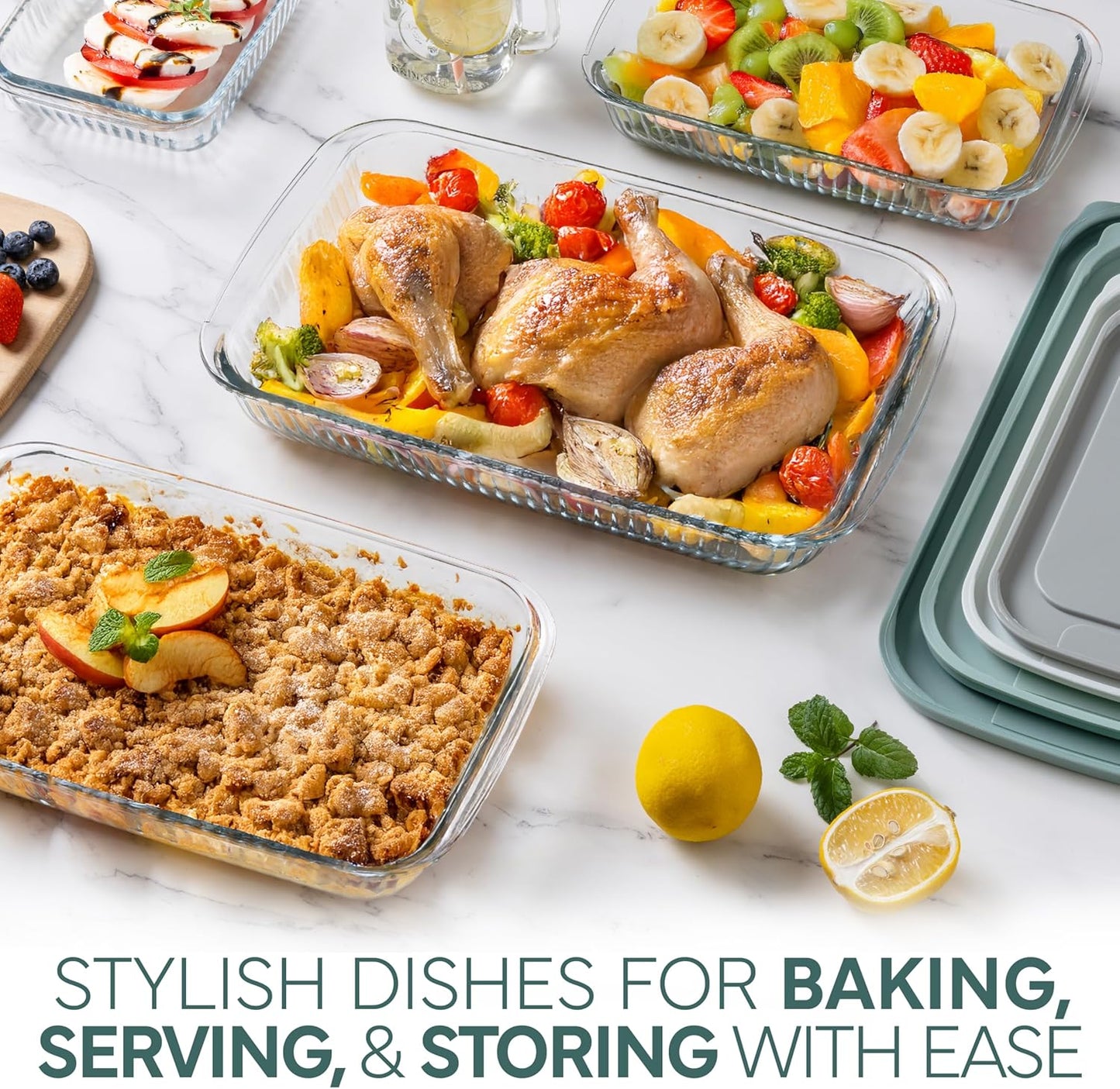 COOK WITH COLOR 8-Piece Deep Glass Baking Dish Set with Plastic Lids – Casserole and Food Storage Containers for Lasagna, Leftovers – Freezer-to-Oven, Microwave & Dishwasher Safe, Fluted Sage