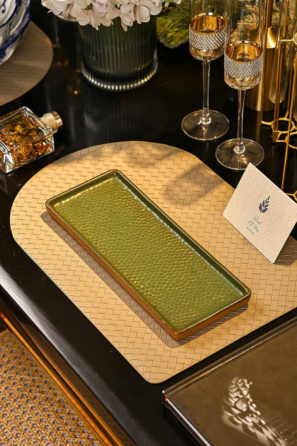 Vanity Tray with Brown Trim, Candle and Bathroom Organizer, Perfume Holder, Decorative Countertop Tray for Dresser, Table, Home Decor, Rectangular, Green, 12"4.7"