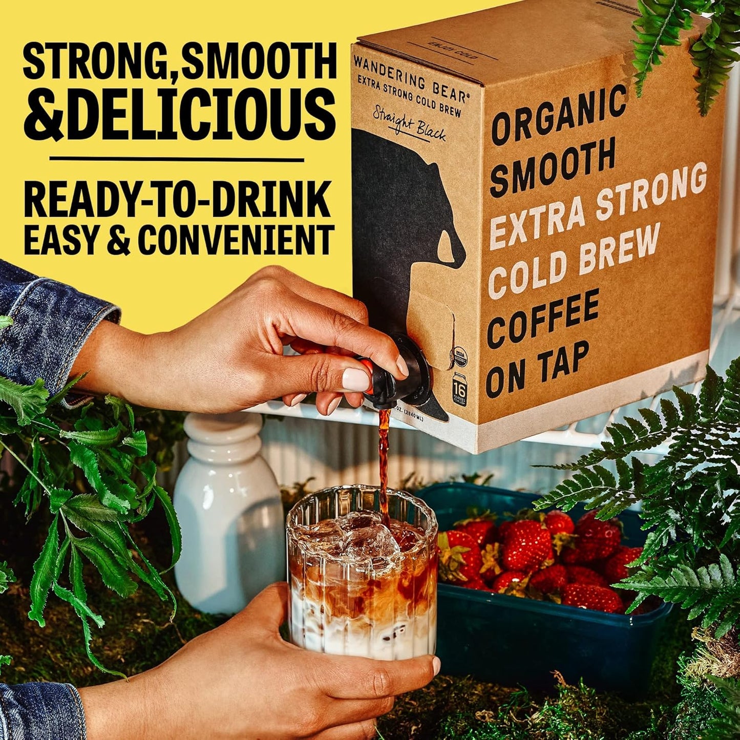 Wandering Bear Straight Black Organic Cold Brew Coffee On Tap, Iced Coffee Drink - Extra Strong, Bold, Smooth, No Sugar Added, Shelf-Stable, Ready to Drink, 100% Organic - 128 fl oz (1 gallon)