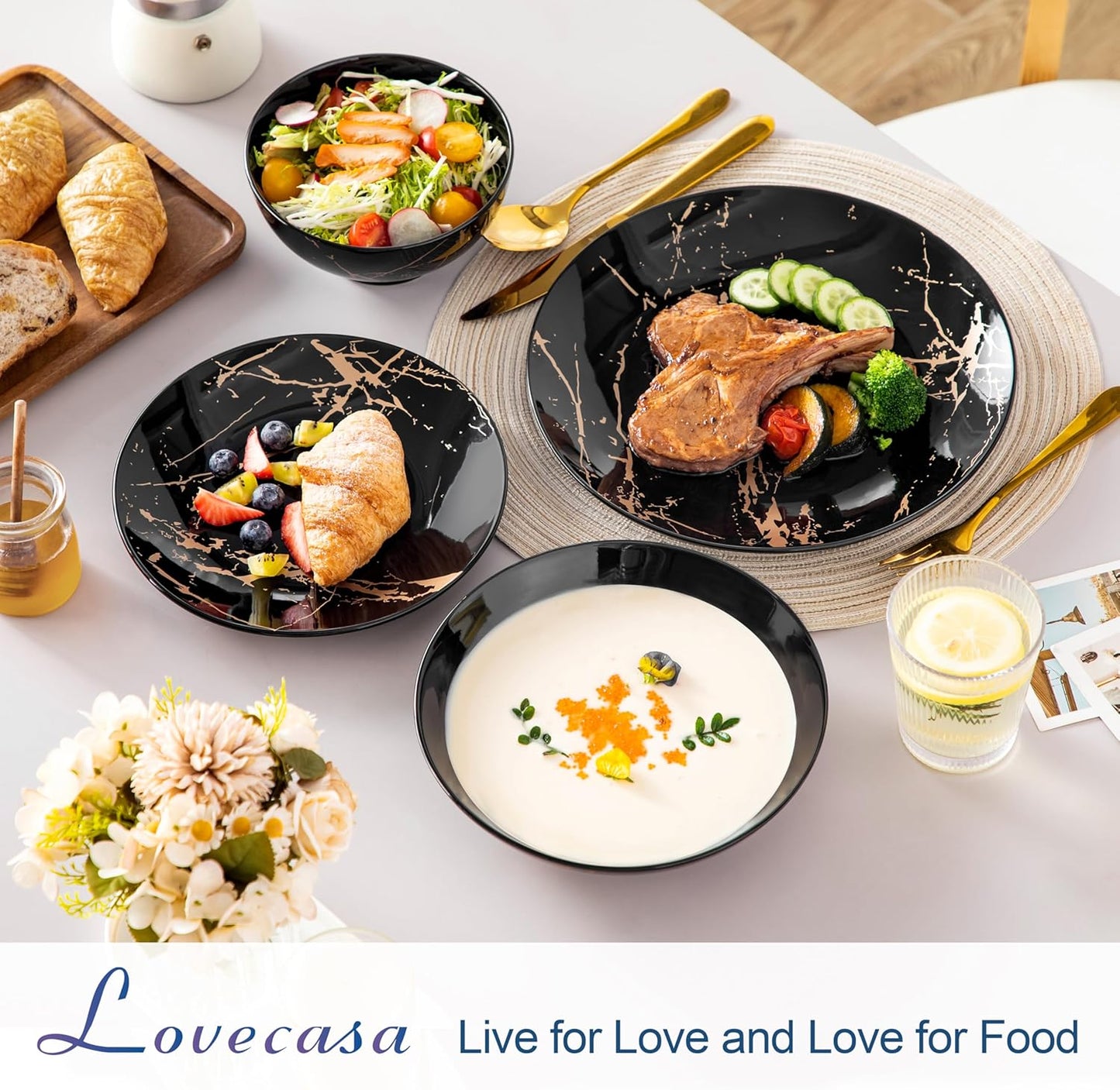 LOVECASA Plates and Bowls Sets for 6, 24 Pieces Porcelain Dinnerware Sets, Black and Gold Dish Set Gold Splash Dishware Sets, Dishwasher Microwave Safe