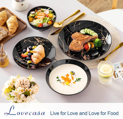 LOVECASA Plates and Bowls Sets for 6, 24 Pieces Porcelain Dinnerware Sets, Black and Gold Dish Set Gold Splash Dishware Sets, Dishwasher Microwave Safe