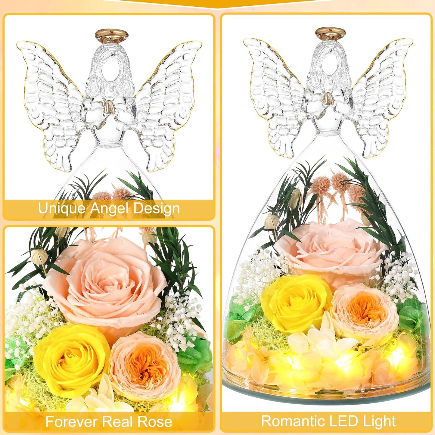 Christmas Rose Gifts for Women Preserved Real Flower in Glass Angel Figurines Roses for Delivery Prime Birthday Gifts for Mom Grandma Girlfriend Wife Her, Champagne Austin Roses