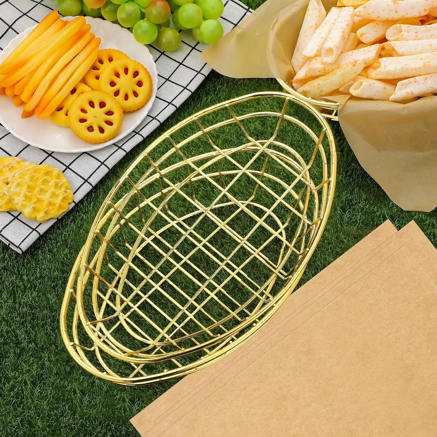 Hushee 12 Pcs Wire Bread Basket Bulk 9.5x6.2x2.2 Inch Oval Metal Dinner Roll Baskets for table Serving Fruit Bowl with 50 Deli Wrapper Paper for Restaurant Kitchen Fast Food