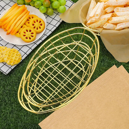 Hushee 24 Pcs Gold Wire Bread Basket 9. 5 x 6. 2 x 2. 2 Inch Oval Metal Dinner Roll Baskets Storage with 100 Sheets Deli Wrappers Paper for Kitchen Table Fast Food