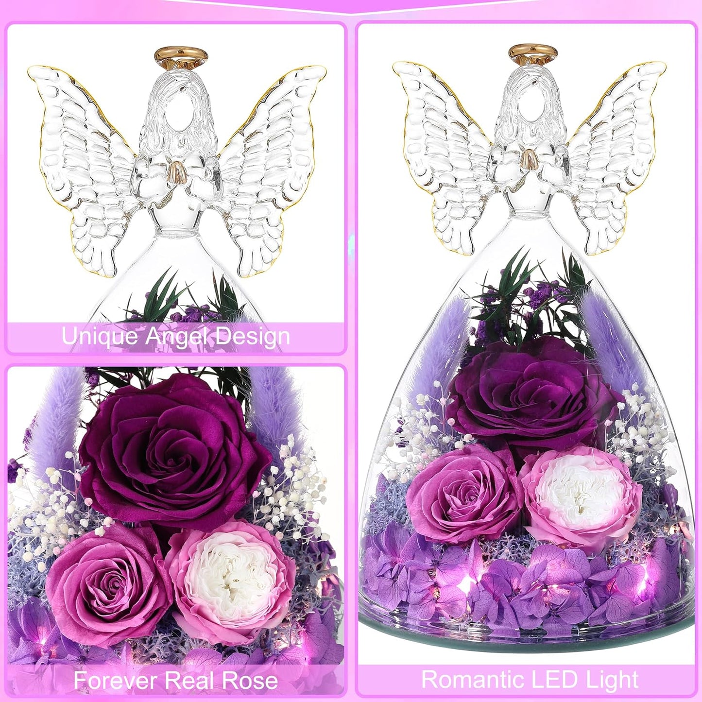 Christmas Rose Gifts for Women Preserved Real Flower in Glass Angel Figurines Roses for Delivery Prime Birthday Gifts for Mom Grandma Girlfriend Wife Her, Purple Austin Roses