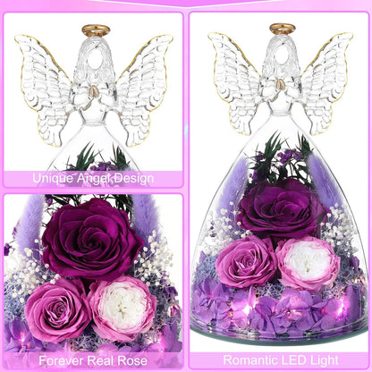 Christmas Rose Gifts for Women Preserved Real Flower in Glass Angel Figurines Roses for Delivery Prime Birthday Gifts for Mom Grandma Girlfriend Wife Her, Purple Austin Roses