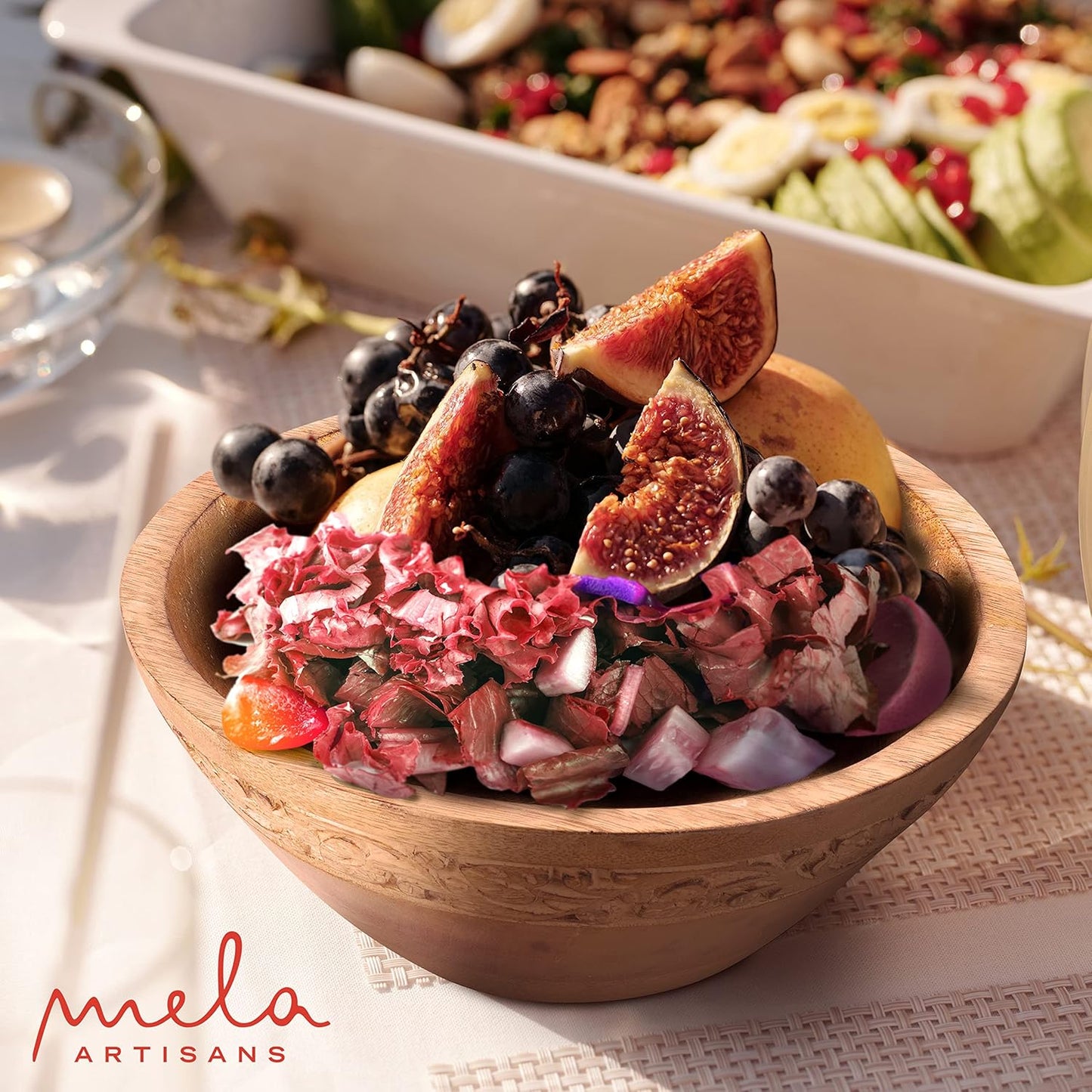 Mela Artisans Wooden Fruit Bowl | Medium Burnt Finish | 9” Mango Wood Serving Bowl with Felt Pads | Multipurpose for Kitchen Countertop |Salad | Snacks | Breads & More | Natural Grain Texture