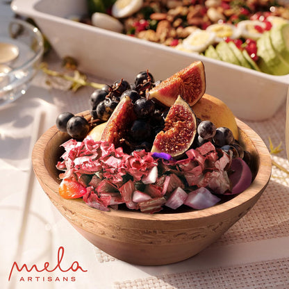 Mela Artisans Wooden Fruit Bowl | Medium Burnt Finish | 9” Mango Wood Serving Bowl with Felt Pads | Multipurpose for Kitchen Countertop |Salad | Snacks | Breads & More | Natural Grain Texture