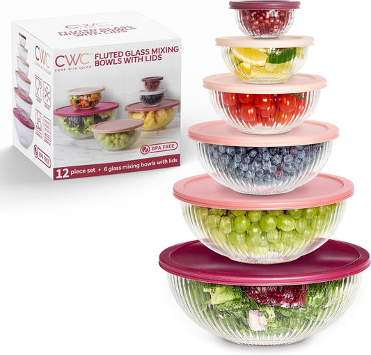 COOK WITH COLOR 12 Pc Glass Mixing Bowl Set with Lids – Borosilicate Glass Nesting Bowls for Cooking, Baking and Meal Prep, Fluted Rose