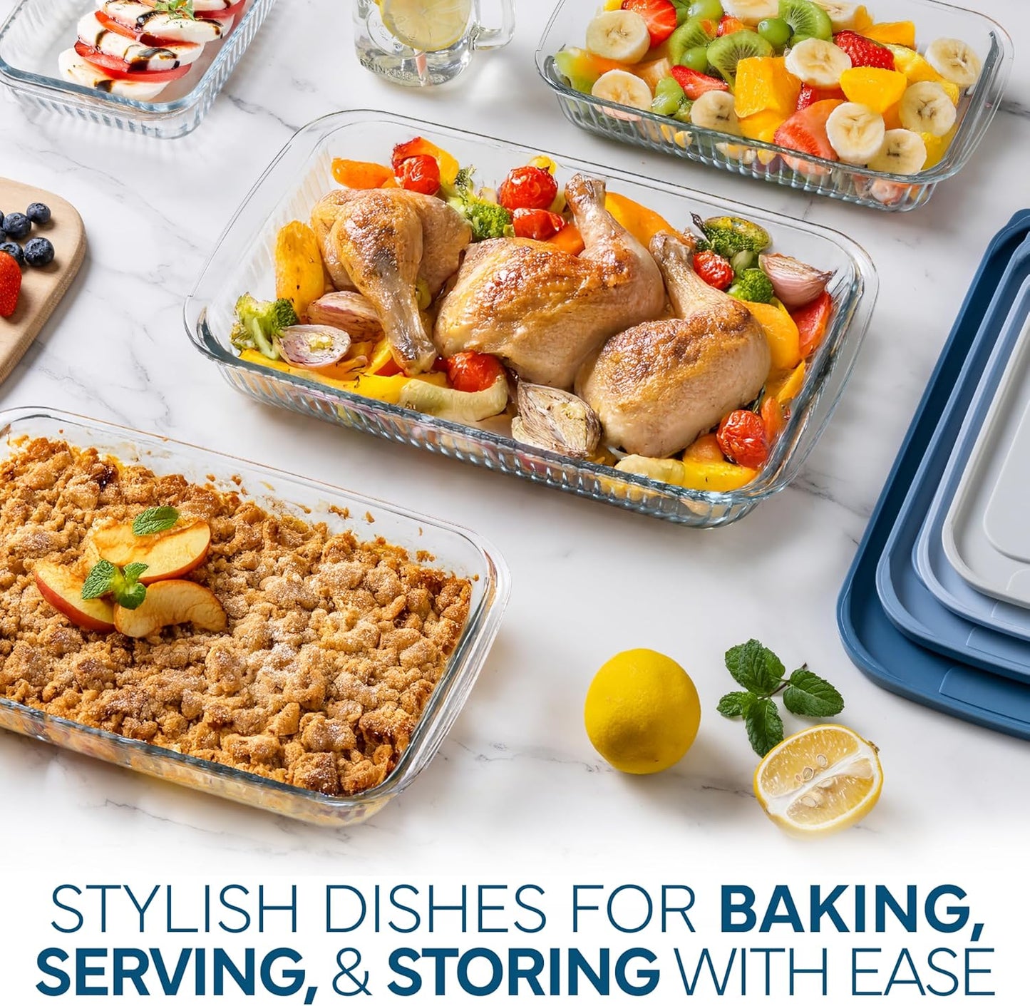 COOK WITH COLOR 8-Piece Deep Glass Baking Dish Set with Plastic Lids – Casserole and Food Storage Containers for Lasagna, Leftovers – Freezer-to-Oven, Microwave & Dishwasher Safe, Fluted Blue