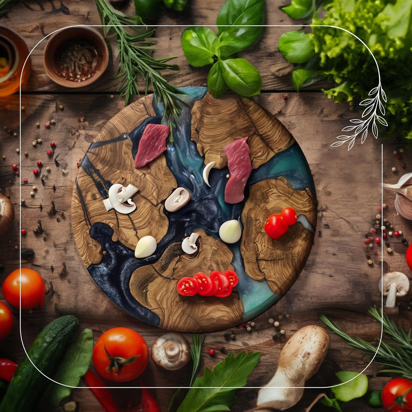 Handmade Olive Wood Round Cutting Board Resin Round Charcuterie Board, Epoxy Wood Cutting Board for Kitchen, Ocean Resin Cheese Board Wood Circle, Olive Wood Resin Pizza Board (Ocean)