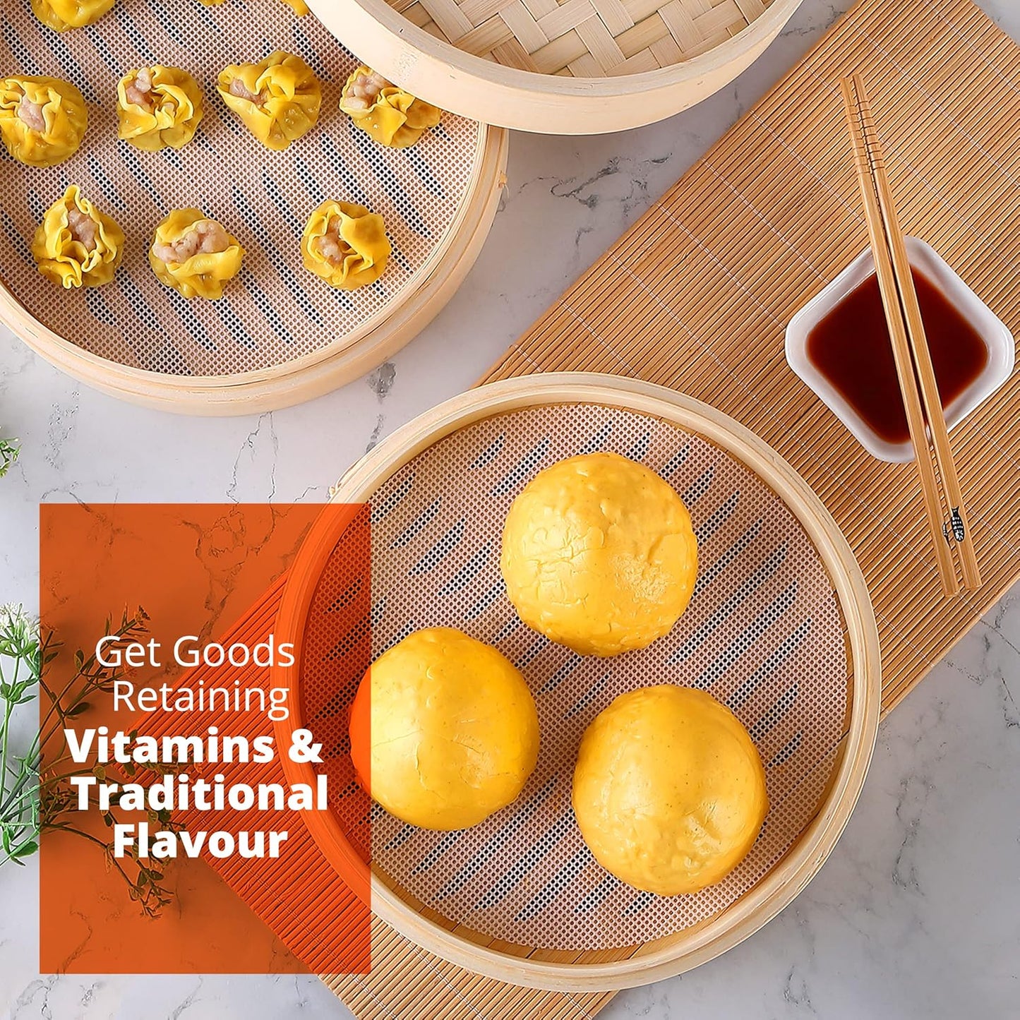 Bamboo Steamer Basket for Chinese Asian Cuisine - 2 Tier 10-Inch Steaming Basket Bun Vegetable Steam, Dumpling Steamer bamboo steam basket, Sauce Dish, Chopsticks, Reusable Liners, Ring