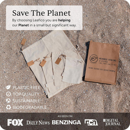 LEAFICO Muslin Cloth Bags with Drawstrings - Set of 8 (S, M, L, XL) - Reusable Natural Cotton Bags for Bulk Food Storage - Canvas Fabric Sachets