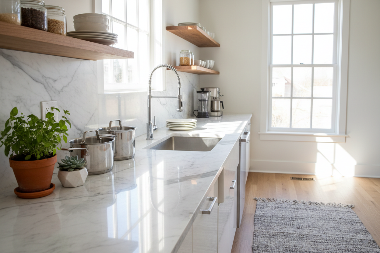 A bright, modern kitchen with marble countertops, warm natural light, and neatly arranged stainless-steel and ceramic kitchenware. A touch of greenery for freshness.