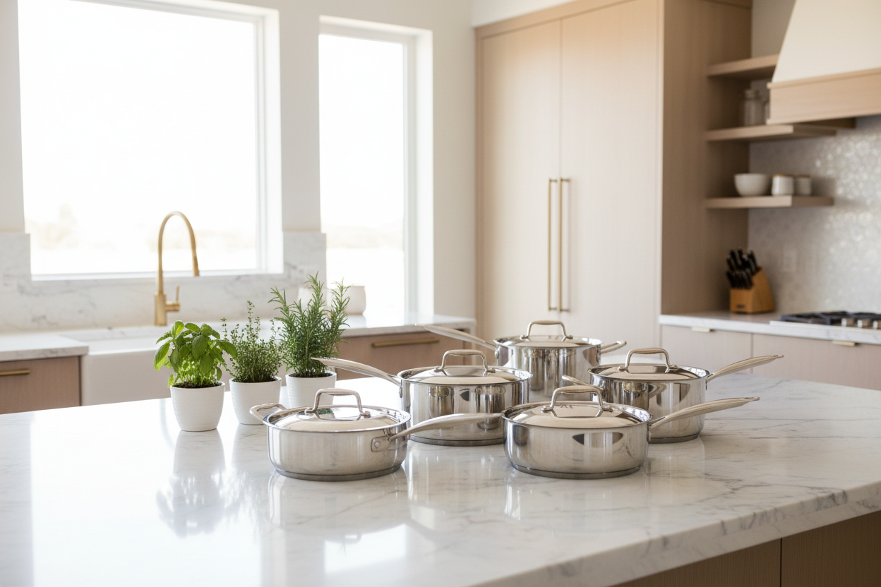 Bright, upscale kitchen with marble or quartz countertops. A curated cookware set (pots, pans, lids) styled neatly with soft natural light and subtle greenery.