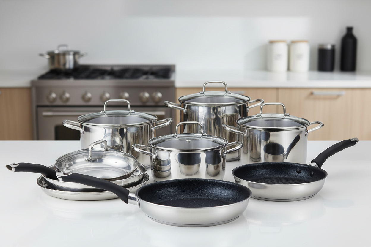 Durable Cookware: Nonstick pans, stainless steel sets, and heat-even pots built for long-term use. (make it real photo)