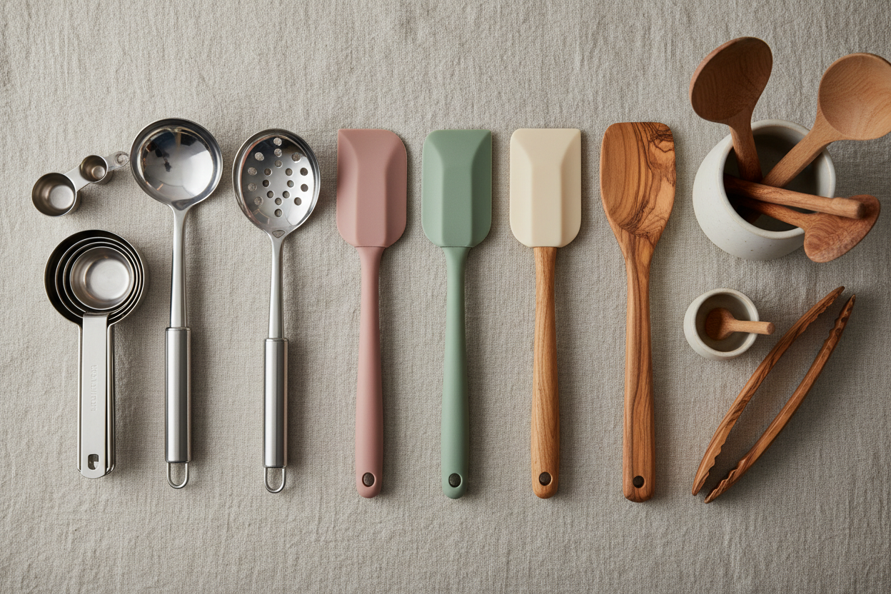 Flat-lay of elegant utensils—silicone spatulas, stainless tools, wooden handles—styled in neutral tones.