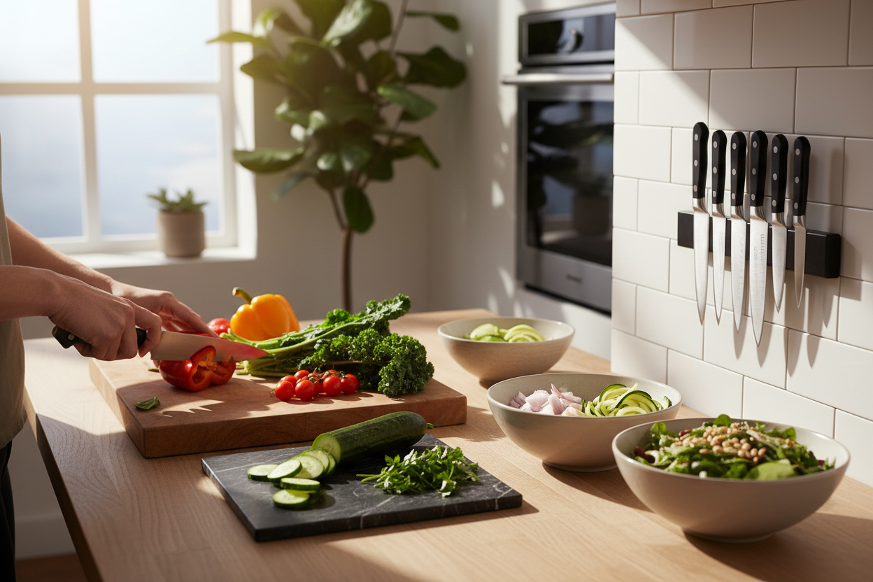 Lifestyle shot of cutting boards, knife sets, and serving bowls in use during meal prep.