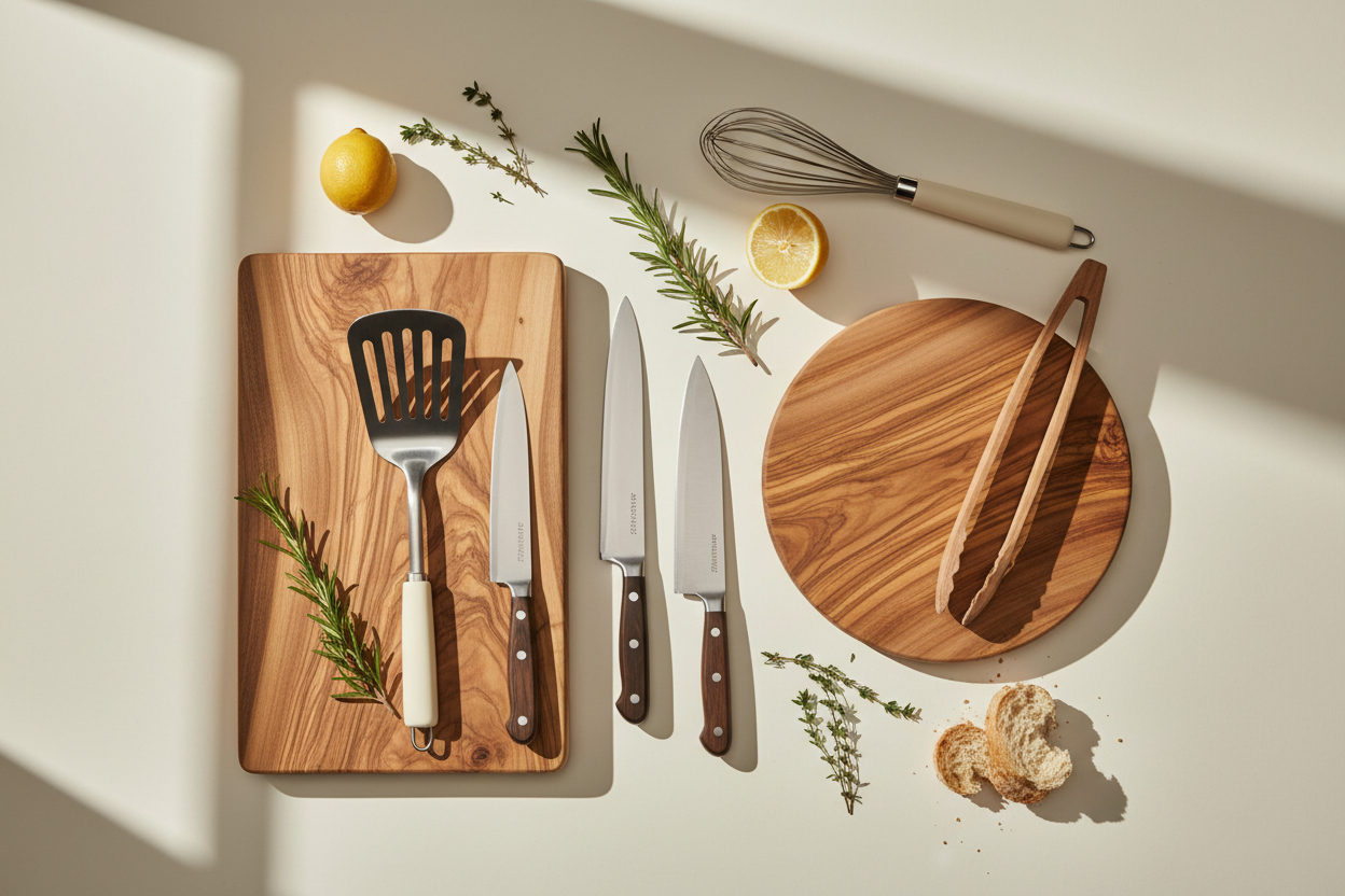Minimal flat-lay or lifestyle shot of premium utensils, knives, and cutting boards in warm neutral tones, showing real-life use.