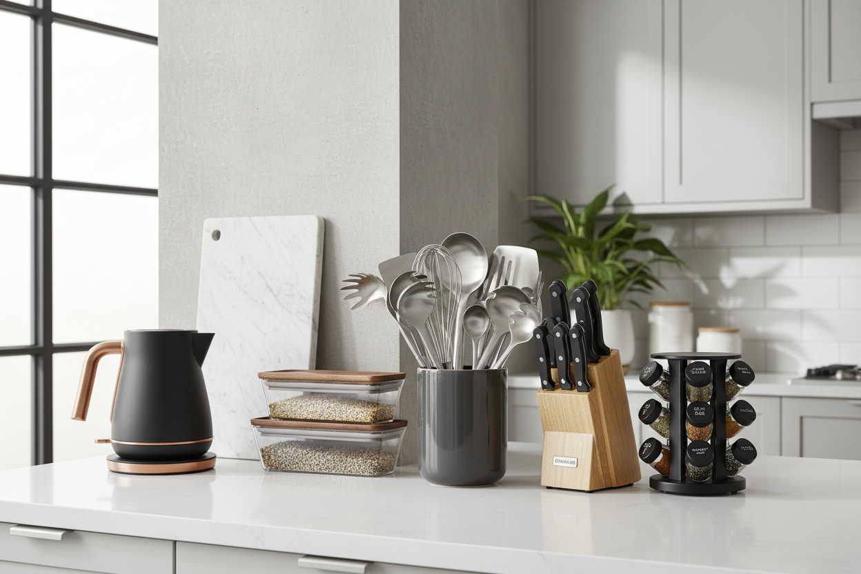 Modern Kitchen Accessories: Items that add elegance, convenience, and efficiency to any home. (make it real photo)