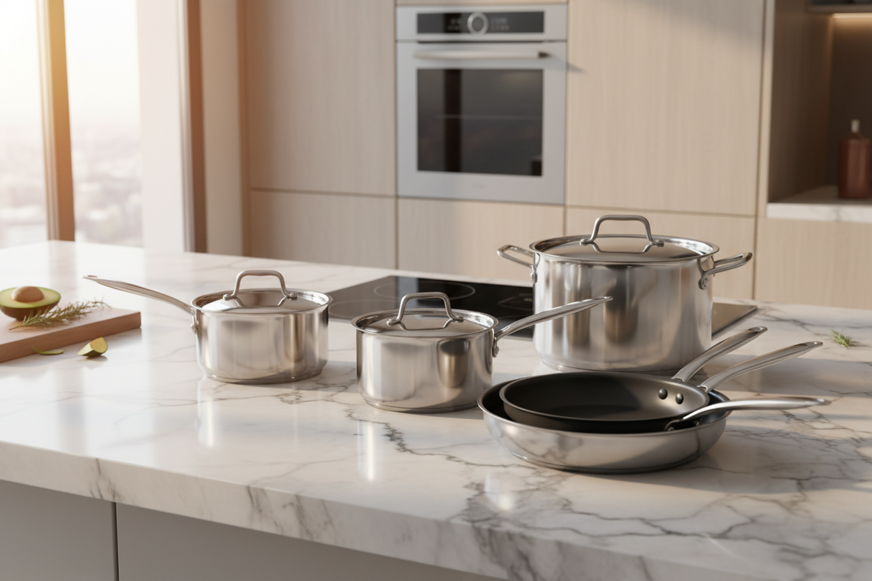 Modern kitchen scene with stainless steel pots, non-stick pans, and soft natural lighting on a marble countertop.