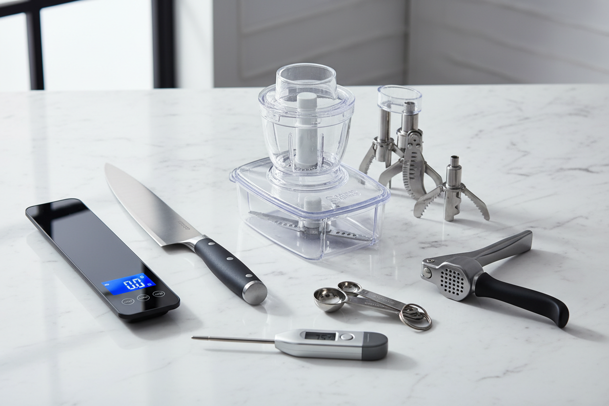 Smart Kitchen Tools: Time-saving gadgets, precision utensils, and multifunction accessories. (make it real photo)