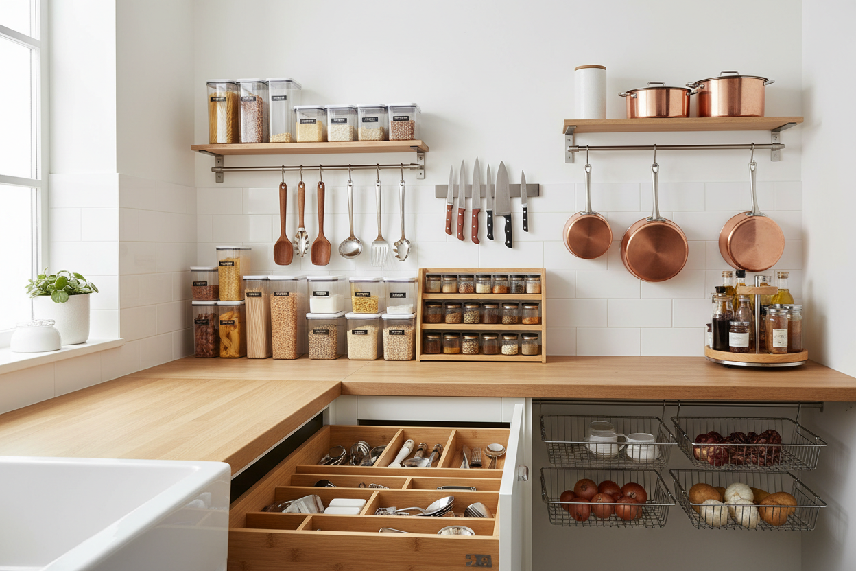 Space-Saving Organizers: Racks, storage solutions, and essentials that help keep your kitchen clutter-free. (make it real photo)